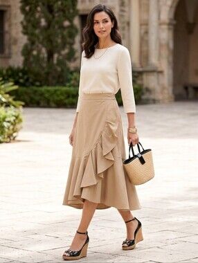 NWT Ann Taylor Woven Ruffle Midi Skirt in Tan